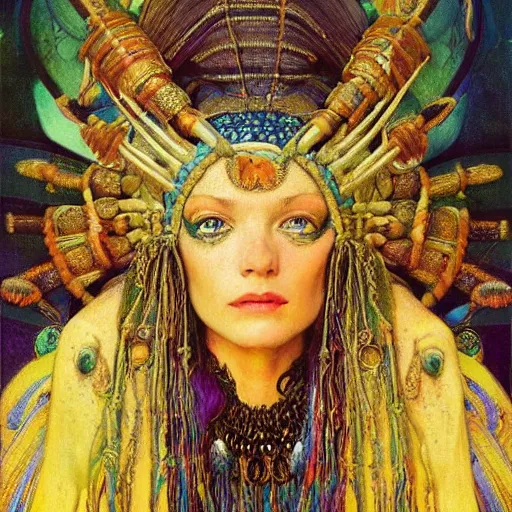 Prompt: baroque portrait of an art deco shaman, reflective detailed textures, highly detailed fantasy science fiction painting by annie swynnerton and jean delville and moebius, norman rockwell and syd mead. rich colors, high contrast. artstation