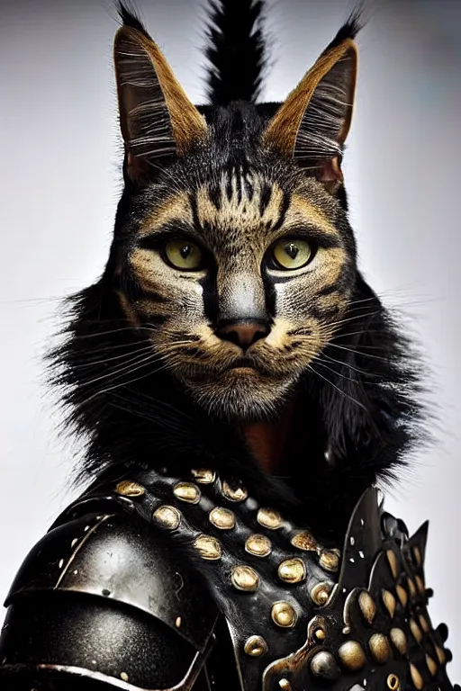 Image similar to head and shoulders portrait of a warrior, tabaxi, black cat, male, breastplate, magical, high fantasy, d & d, by annie liebovitz, face details, extremely detailed, vogue fashion photo
