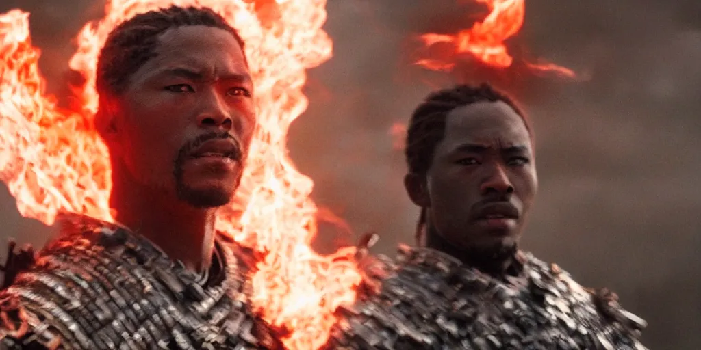 Image similar to a film still of a black man starring in a japanese blockbuster film as samurai on fire, shallow depth of field, cinematic, award winning cgi, vfx, film still