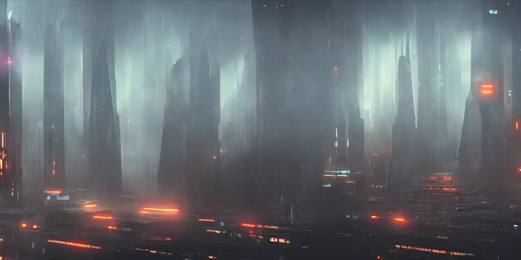 Image similar to modern futuristic city, cinematic, blade runner style, robots and humans, atmospheric, hazy, dark lighting, ILM, vfx, cinematography by greig fraser