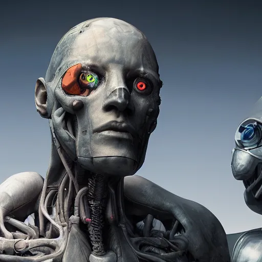 Image similar to posthuman, transhumanist, immortal man in front, technological sci-fi, 4k, unreal engine generation