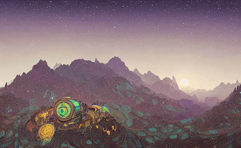 Prompt: mountains, stars and paisley filled sky, artstation, intricate, highly detailed, digital painting, concept art, sharp focus, illustration by Simon Stalenhag and Alphonse Mucha