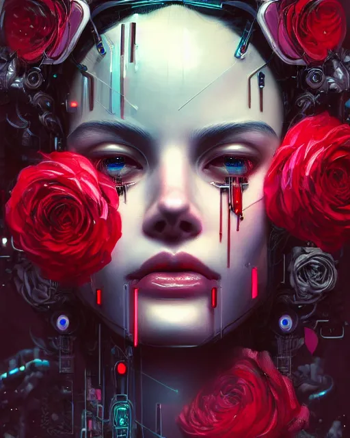 Image similar to portrait of a female face with roses instead of eyes, cyberpunk cyborg. roses, sci - fi, intricate abstract upper body intricate artwork, by tooth wu, wlop, beeple, dan mumford. concept art, octane render, deviantart, greg rutkowski, cinematic arthouse, key art, hyper realism, iridescent accents