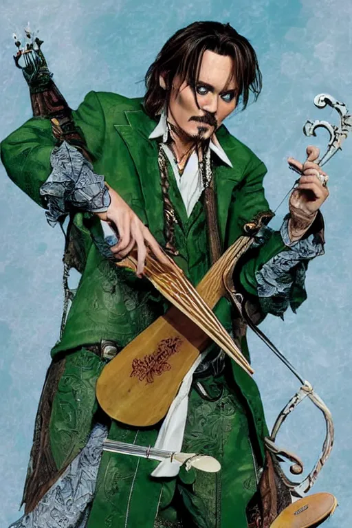 Image similar to Breathtaking comic book style of Johny Depp portrayed as a Dungeons and Dragons bard, playing the lute and wearing a pale green jacket in the style of Ralph Dorsey