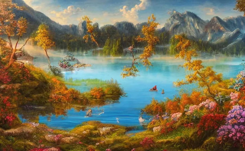 Image similar to beautiful award winning mythical painting of an austrian lake, 4 k, ultra hd