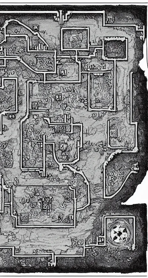 Image similar to a black and white dungeon map. d & d battlemap. small dungeon. a few large rooms. clean design. high definition etching with complex details.