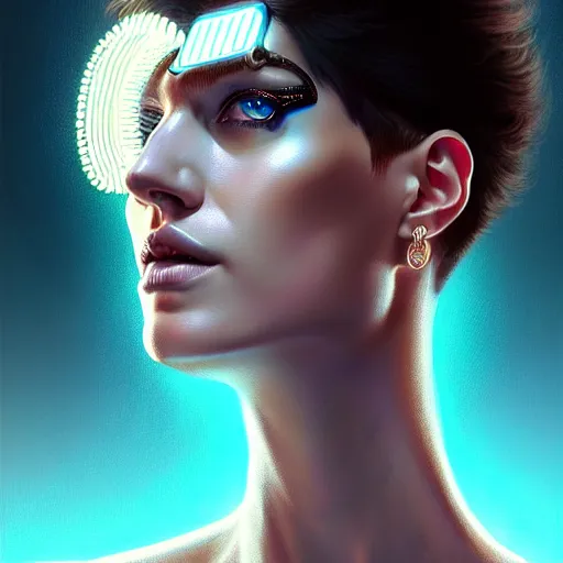 Image similar to woman with extremely large and intricate haircut with friendly blue eyes and slim features looking askance, eye cyberpunk bionics, retro futurist style, intricate, elegant gleaming jewelry, angelic halo, highly detailed, digital painting, artstation, concept art, smooth, sharp focus, illustration, art by wlop, mars ravelo and greg rutkowski,