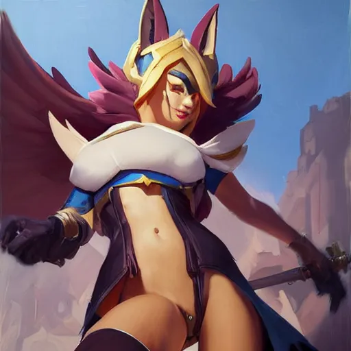 Image similar to greg manchess portrait painting of partially armored ahri from league of legends as overwatch character, medium shot, asymmetrical, profile picture, organic painting, sunny day, matte painting, bold shapes, hard edges, street art, trending on artstation, by huang guangjian, gil elvgren, ruan jia, randy vargas, greg rutkowski, gaston bussiere