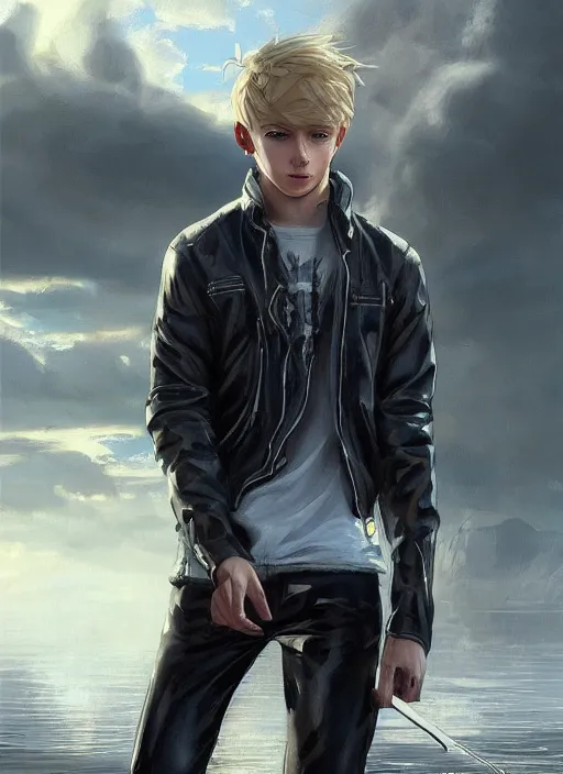 Prompt: beautiful blonde teenage boy assassin walking on water, wearing leather jacket, beautiful, detailed portrait, cell shaded, 4 k, concept art, by wlop, ilya kuvshinov, artgerm, krenz cushart, greg rutkowski, pixiv. cinematic dramatic atmosphere, sharp focus, volumetric lighting, cinematic lighting, studio quality