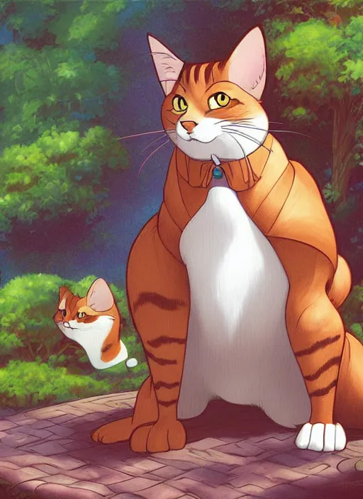 Image similar to official digital painting artwork of a cat character by don bluth, ross tran and studio ghibli.