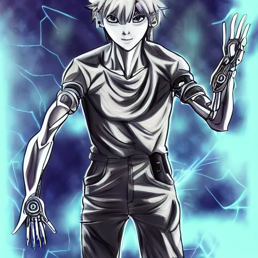 Prompt: portrait of anime style boy with laser eyes and biomechanical limbs