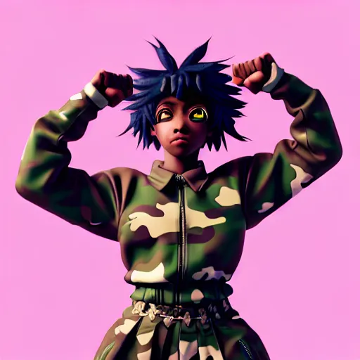 Image similar to portrait of black anime manga girl, throwing punch pose towards camera, french bob hair, white hair, wearing camo, by gustave dore, vaporwave colors, lofi colors, vaporwave, lofi, goth vibe, 4 k, smooth, hd, substance designer render, full body character concept art, 2 point lighting,