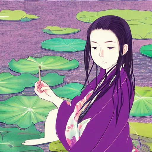 Prompt: landscape, anime, traditional Japanese, beautiful portrait of a girl soaked in a lotus pond, by Førtifem, digital art, purple color scheme