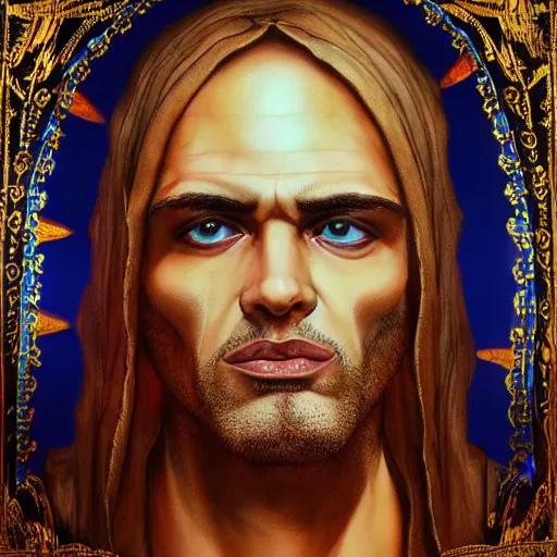 Image similar to 4K headshot portrait of godlike Pimp of Nazareth with defined arms and open hands and bloody clothes with giant mandala wings , intricate face , flawless anime cel animation by Kentaro Miura, psychedelic , highly detailed upper body , professionally post-processed , beautiful, scary, symmetry accurate features, epic, octane rendered, anime masterpiece, accurate by Craig Mullins, ilya kuvshinov, krenz cushart, epic , artgerm trending on artstation by Edward Hopper and Dan Mumford and WLOP and Rutkovsky, beksinski carl spitzweg moebius and tuomas kocar, intricate artwork by caravaggio, Unreal Engine 5, Lumen, Nanite