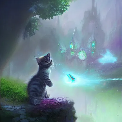 Prompt: a beautiful stunning fantasy whimsical matte digital concept painting of a kitten learning magic by kit faced and marc simonetti, magic the gathering, trending on artstation hq, contest winner, masterpiece, pastel color palette, 8 k resolution