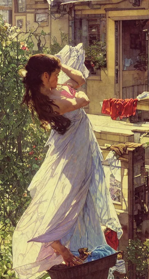 Image similar to a person squeezing washing clothes outside, sun shining, photo realistic illustration by greg rutkowski, thomas kindkade, alphonse mucha, loish, norman rockwell.