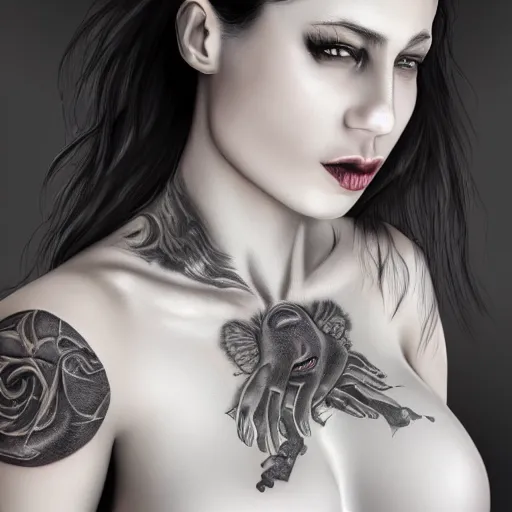 Image similar to Hot young woman, grey skin, void eyeballs, tattoos, hugging someone to her chest concept art, 8k