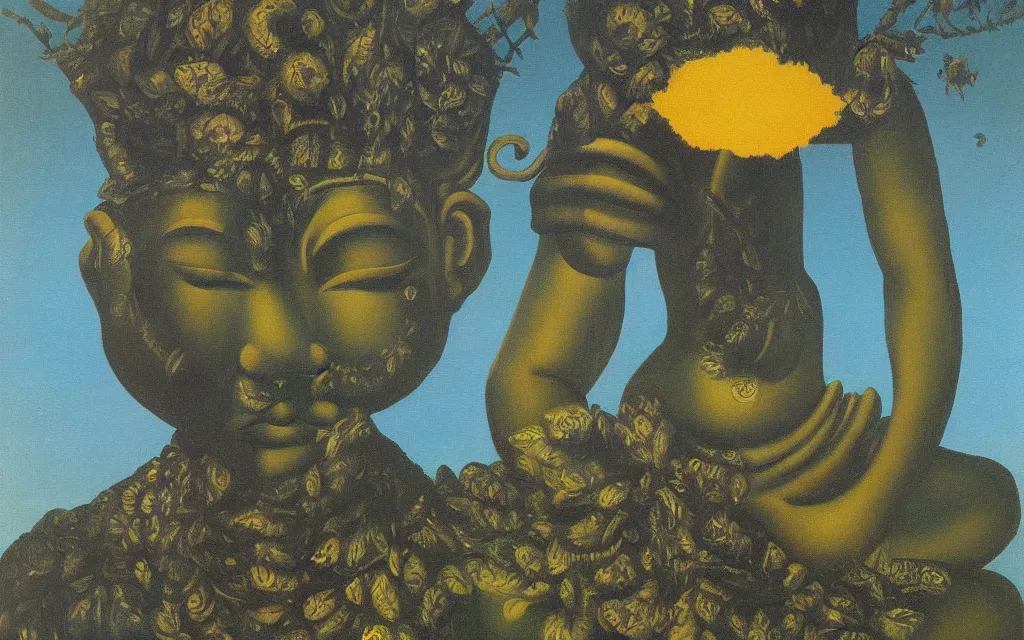 Prompt: black hindu god golden meadow, detailed painting by rene magritte