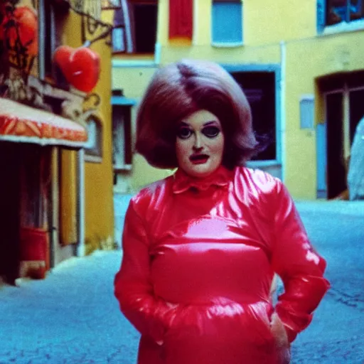 Image similar to 1976 glamorous middle aged woman wearing a transluscent inflatable toy head in a small European village 1976 French film archival footage technicolor film expired film 16mm Fellini new wave John Waters movie still