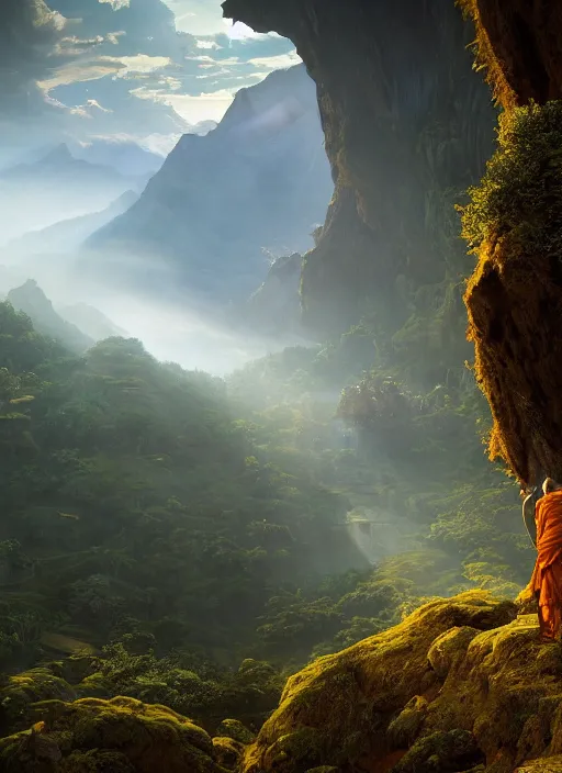 Image similar to a cosmic monk in lord of the rings scenery landscape, looking out at a vast lush valley at sunrise, huge temple in the distance, god's rays, highly detailed, vivid color, cinematic lighting, perfect composition, 8 k, gustave dore, derek zabrocki, greg rutkowski, belsinski, octane render