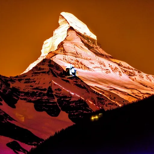 Prompt: a photo at nighttime of llumination of the matterhorn in the colors of indian flag, projected illuminated on the matterhorn mountain at night