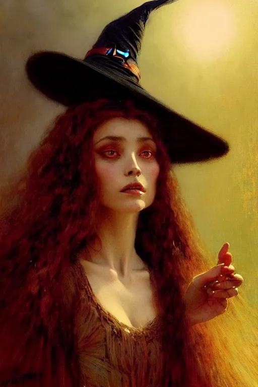 Prompt: a half body portrait of witch wearing witch dress and hat, high detail, cleary see face, by gaston bussiere, bayard wu, greg rutkowski, odd nerdrum, maxim verehin, dan dos santos, masterpiece, sharp focus, cinematic lightning