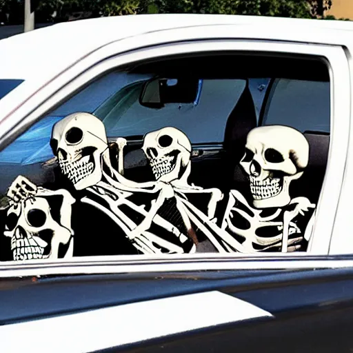 Prompt: Photo of skeletons doing a drive by in Los Angeles with uzis in a lowrider car