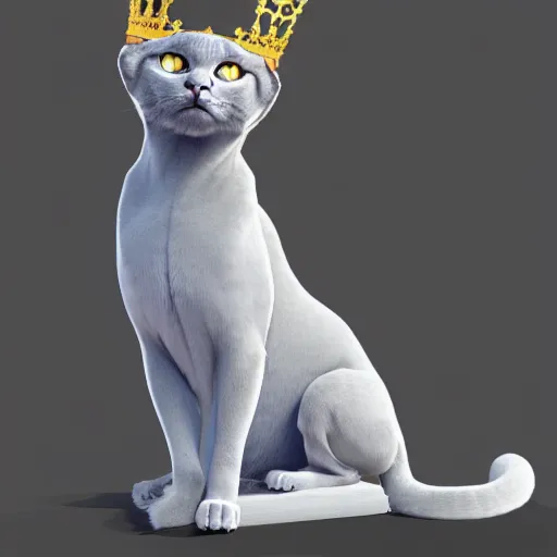 Image similar to gray burmese cat wearing royal crown and robes sitting on thrown, artstation, fantasy