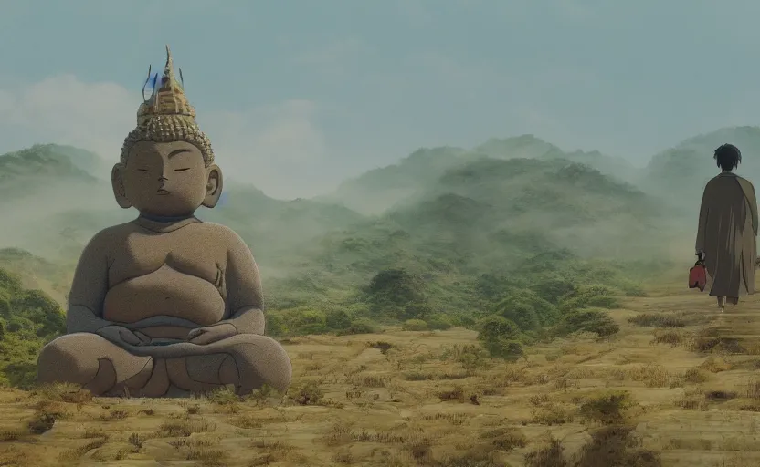 Image similar to a movie still from a studio ghibli movie showing a highly detailed landscape with a giant living buddha statue walking through a valley in the desert. misty, depth perception, 4 k