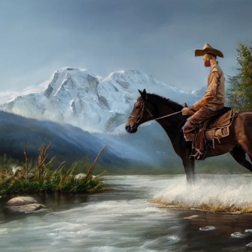 Image similar to hyper realistic painting in realism style of a cowboy on a horse crossing a river with mountains in the background