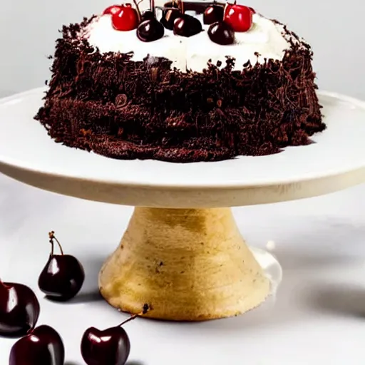 Image similar to A freshly baked black forest truffle cake with cherries and a dallop of icing on top. There is vanilla ice cream next to the cake on the plate