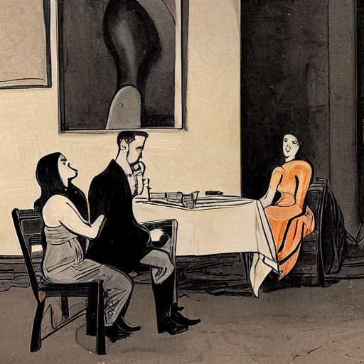 Prompt: the installation art depicts two people, a man and a woman, sitting at a table. the man is looking at the woman with a facial expression that indicates he is interested in her. the woman is looking at the man with a facial expression that indicates she is not interested in him. there is a lamp on the table between them. by andrew robinson mild
