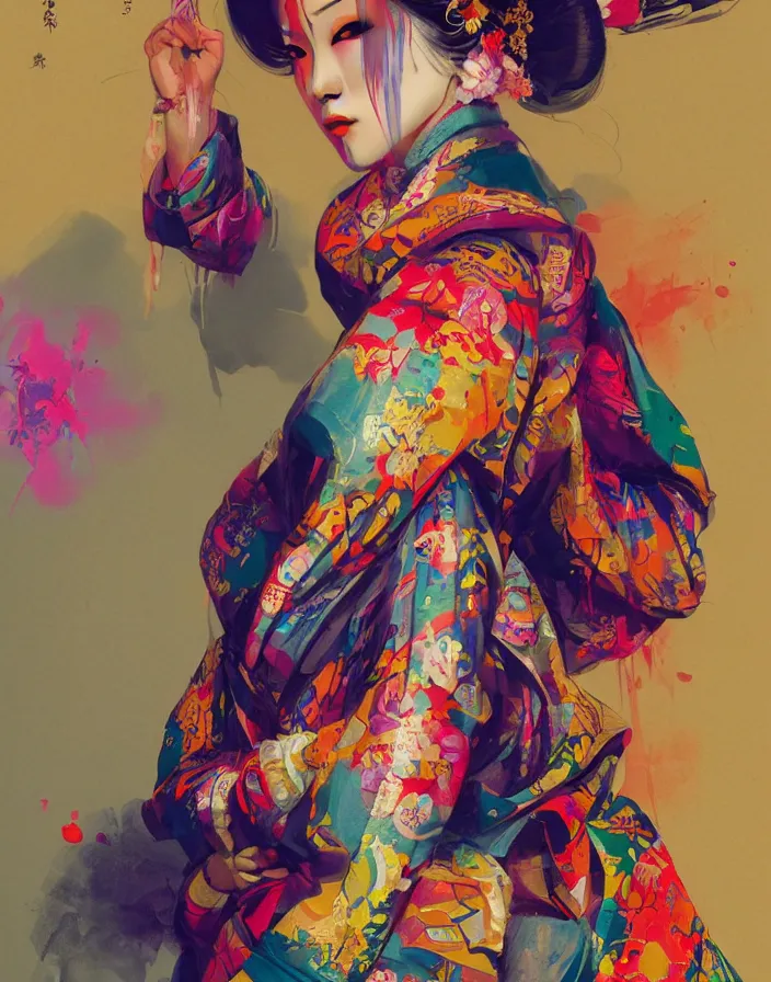 Prompt: a portrait of a geisha wearing a colorful kimono with graffiti tags, volume lighting, concept art, by greg rutkowski!!, colorful, xray melting colors!!