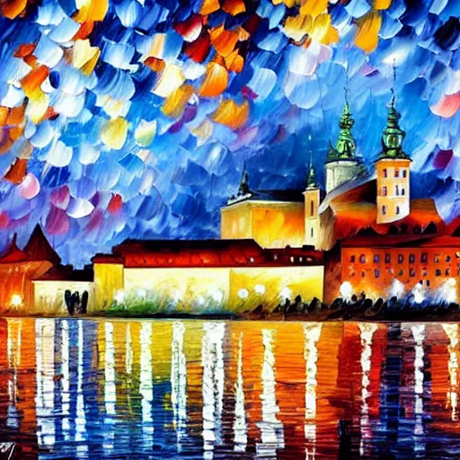 Prompt: leonid afremov painting of wawel castle in cracow