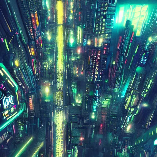 Image similar to cyberpunk city at night from above, neon glow, arstation, chill wave, detailed, maximalism, cluttered, busy, cinematic, cgsociety, smooth, beeply and greg rutkowski,