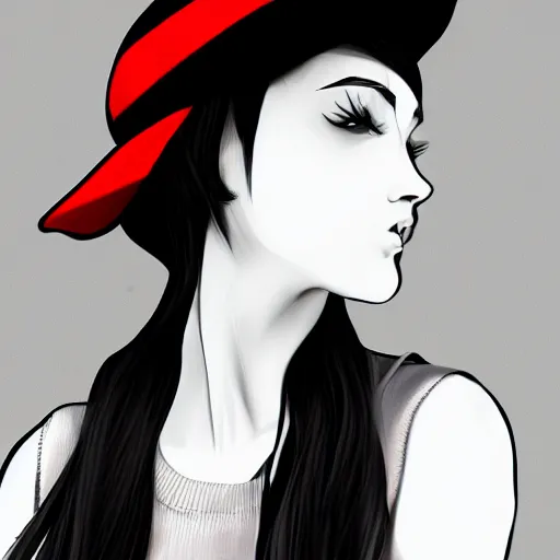 Image similar to elegant intelligent teenage girl in a black hat with red strip, digital art, gray scale, anime style