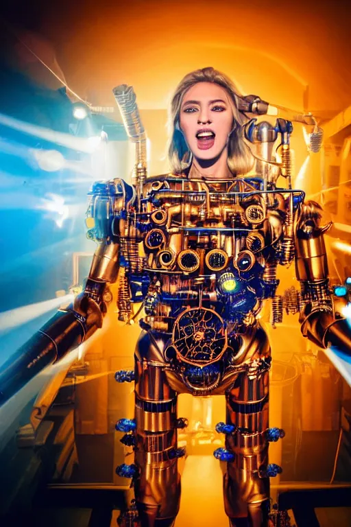 Image similar to portrait photo of a giant huge golden and blue metal humanoid steampunk cyborg female with a human face singing with mouth open and gears and tubes, in the foreground is a big red glowing microphone, eyes are glowing red lightbulbs, shiny crisp finish, 3 d render, 8 k, insaneley detailed, fluorescent colors, background is multicolored lasershow