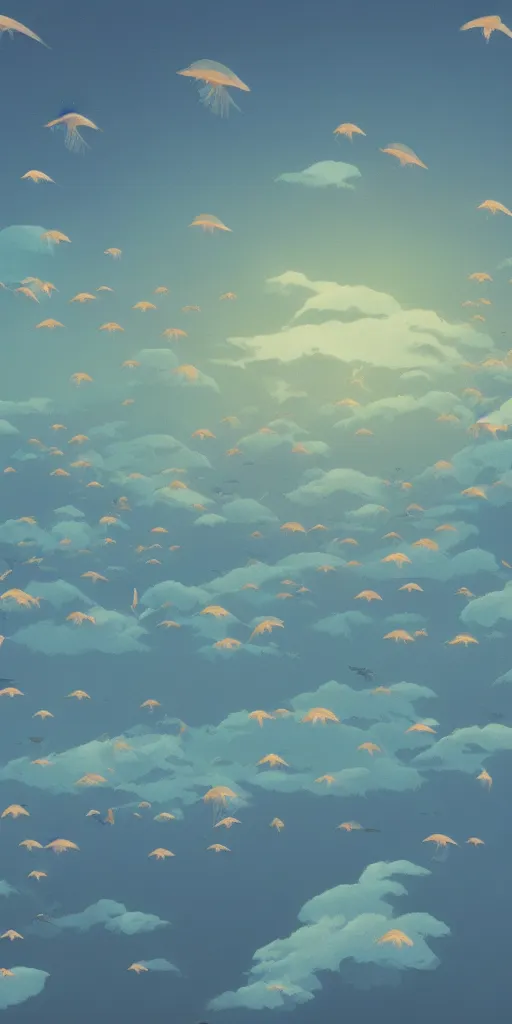 Prompt: a flock of fishes flying above a countryside village, melancholic, dusk, Studio ghibli, 4k