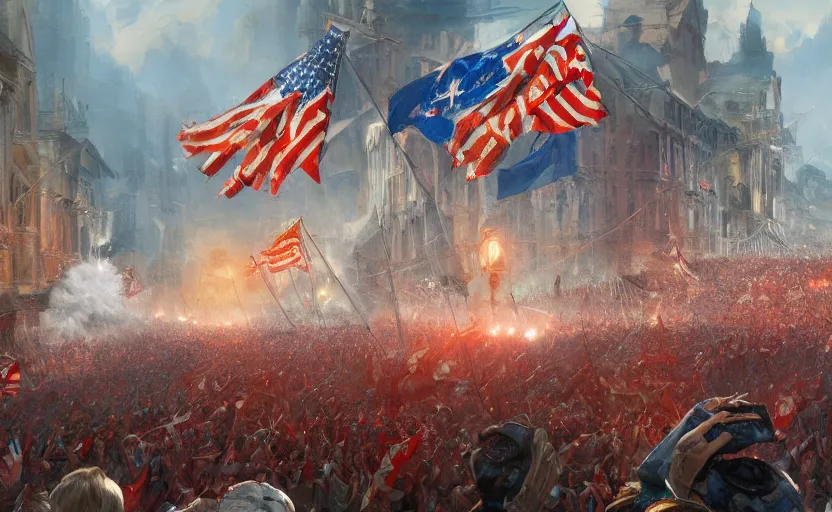 Prompt: high quality high detail painting by jaime jones, waves of crowd cheering in the street, waving flags, celebration day, victory, trending on artstation, hd