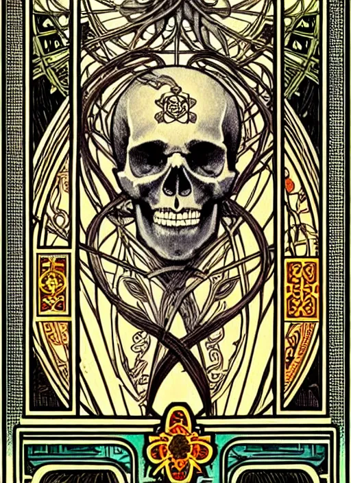 Image similar to symmetry!! a tarot card with a skull, intricate, highly detailed, ornate, aesthetic, alphonse mucha