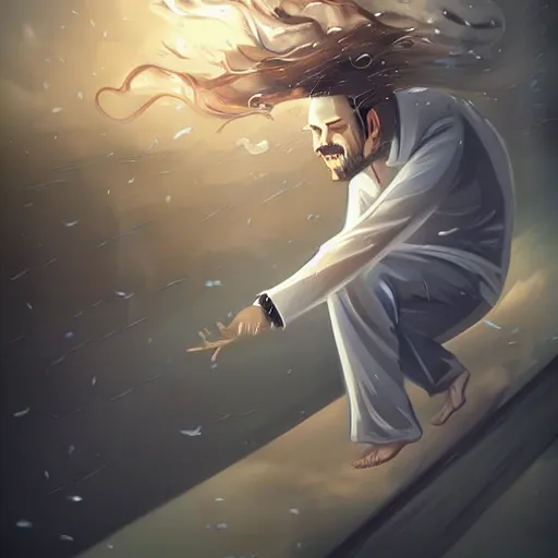 Image similar to a man breaking apart into particles blowing away in the wind, by cyril rolando, detailed, small details,