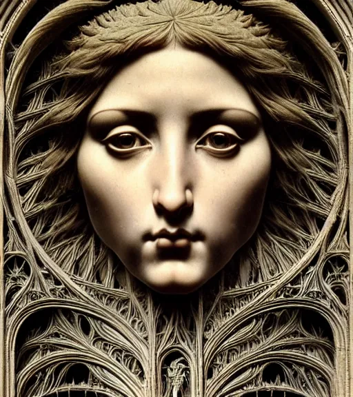 Prompt: hyperrealistic detailed face portrait of a beautiful long haired young goddess morphing into a gothic cathedral, authentic ornamental architecture, art by ernst haeckel, john william godward, h. r. giger, gothic, neo - gothic, heavily ornamental,