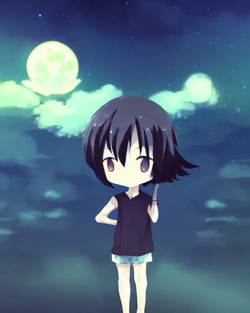 Image similar to chibi, cute, melancholy, full body, male anime character, long dark hair, stunning art style, filters applied, lunar time, night sky, trending art, sharp focus, centered, landscape shot, fate zero, simple background, studio ghiblyi, makoto shinkai, yuji yamaguchi, by wlop