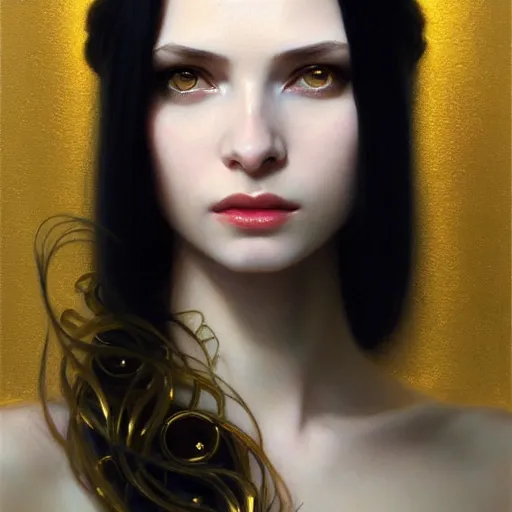 Image similar to Portrait of a beautiful pale skin Eastern European female with long black hair, dark eyes, elegant clothing, photorealistic, highly detailed, artstation, smooth, sharp focus, gold ornaments, neon lighting, sci-fi, art by Klimt, artgerm, Greg Rutkowski and Alphonse Mucha