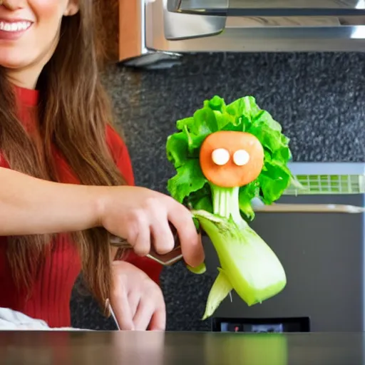 Prompt: a cyclops cutting vegetables in her kitchen