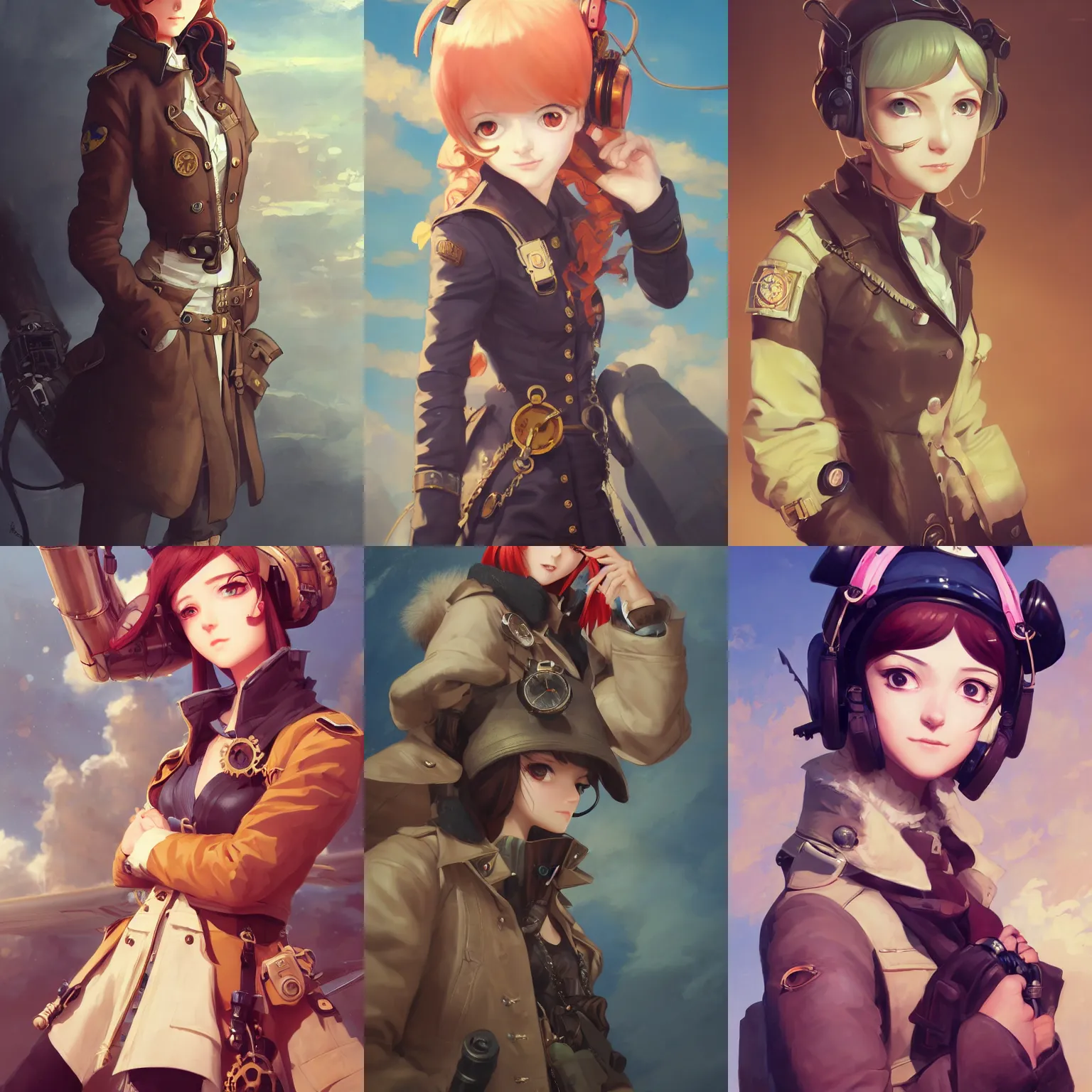 Prompt: a portrait of a cute young female air pirate with a very stylish coat, steampunk setting, vivid colors, soft lighting, atmospheric, cinematic, moody, in the style of Ilya Kuvshinov and Range Murata, Krenz Cushart, oil on canvas, 8k
