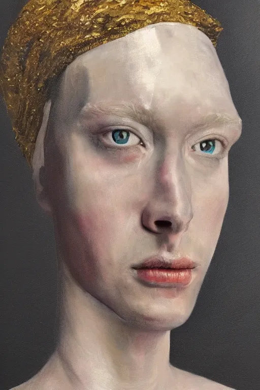 Image similar to hyperrealism oil painting, close - up portrait of albino medieval fashion model, knight, steel gradient mixed with nebula sky, in style of baroque