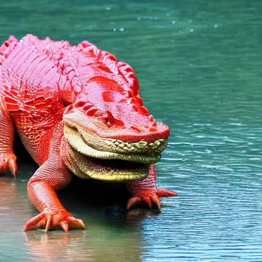 Image similar to a fat hungry red alligator