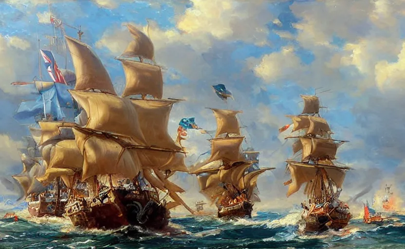 Image similar to Epic naval battle. By Konstantin Razumov, highly detailded