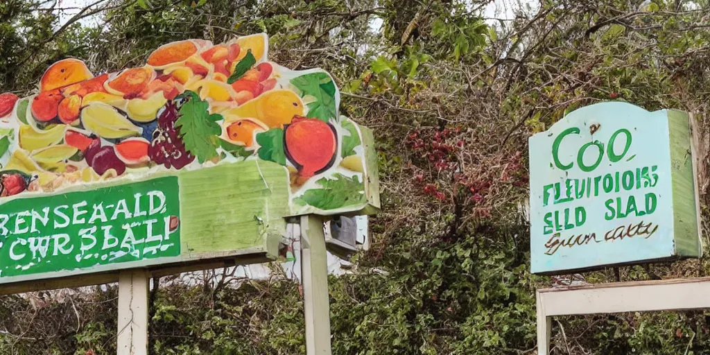 Image similar to an abandoned salad bar from the 6 0 s, the sign features several fruits along with a cornucopia and the words salad bar